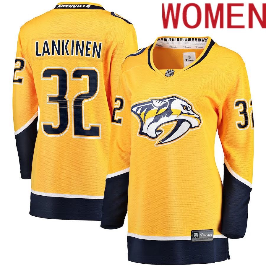 Women Nashville Predators #32 Kevin Lankinen Fanatics Branded Gold Home Breakaway Player NHL Jersey->women nhl jersey->Women Jersey